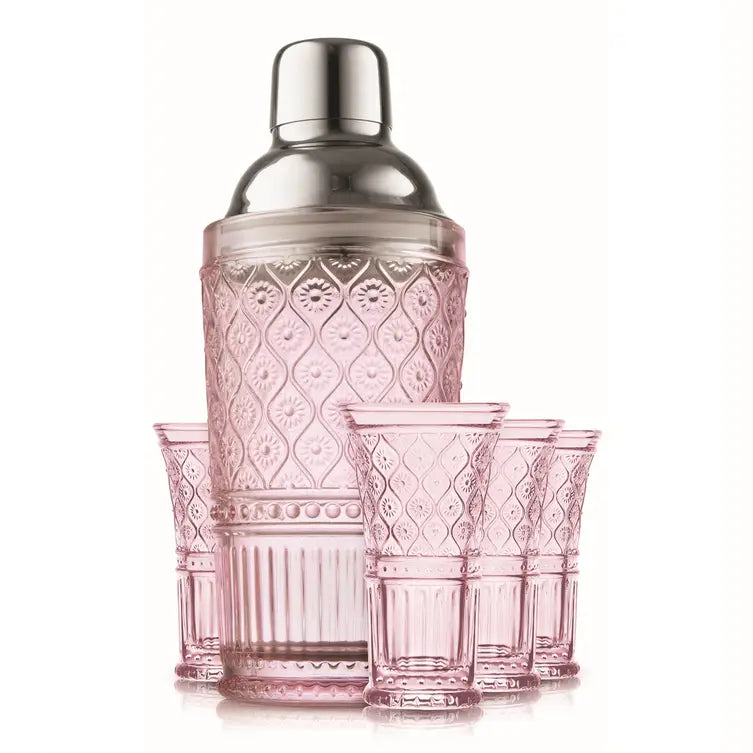 Claro Blush Cocktail Shaker with 4 Shooters, Set of 5 - Bar